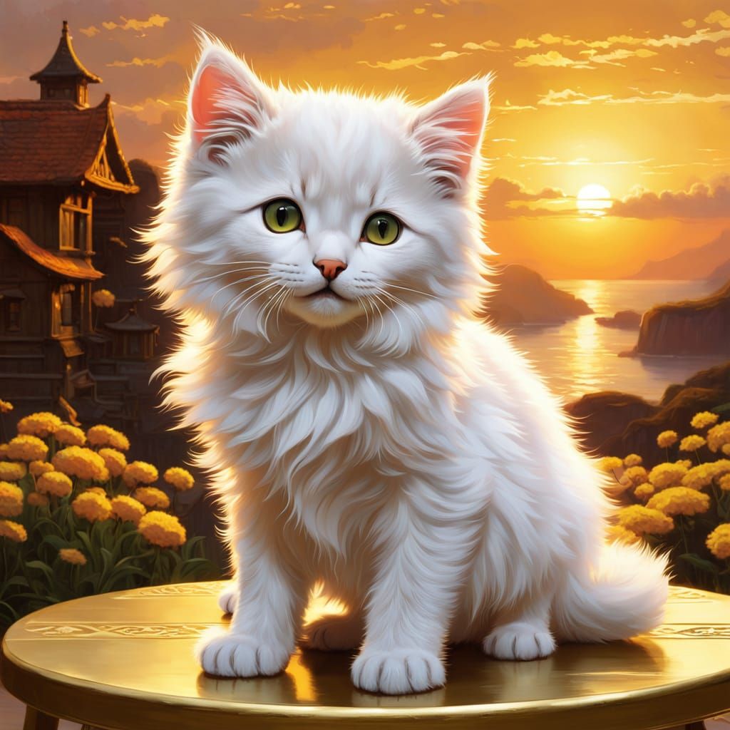 Fluffy Kitten in Anime Style at Golden Sunset