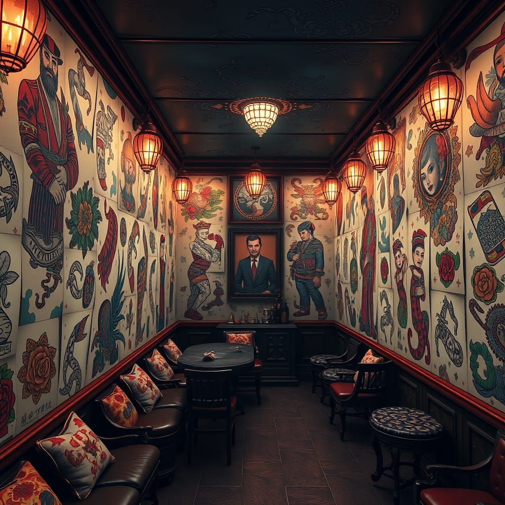 Tattoo Parlor Interior with Oriental Tattoo Designs