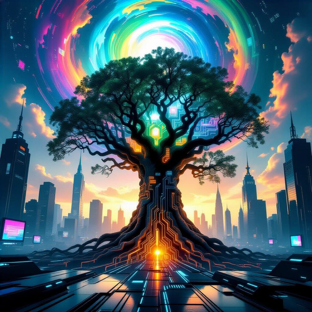 Futuristic Tree with Circuit Roots in Cyberpunk Cityscape