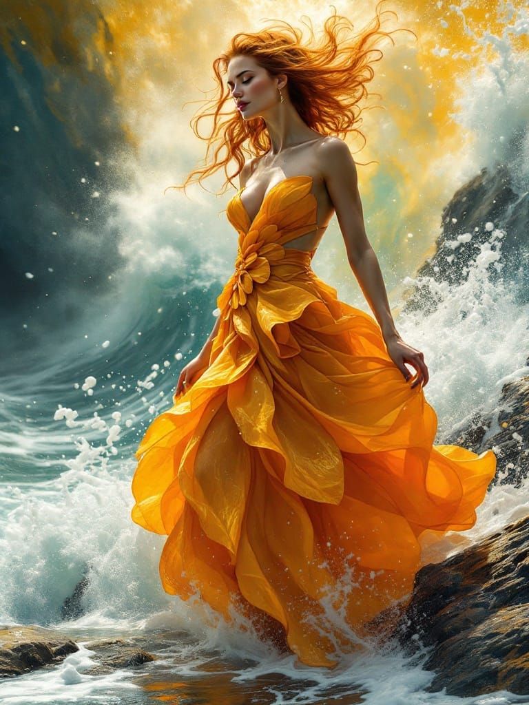 Radiant Woman on Rocky Coast in Fauvist Style