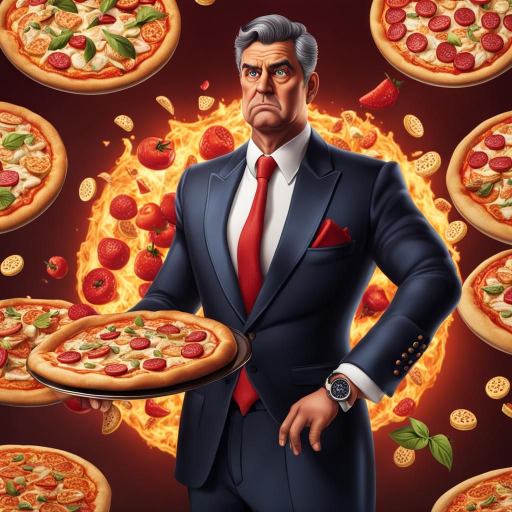 Hyperrealistic Rich Man Selling Pizza in English Suit