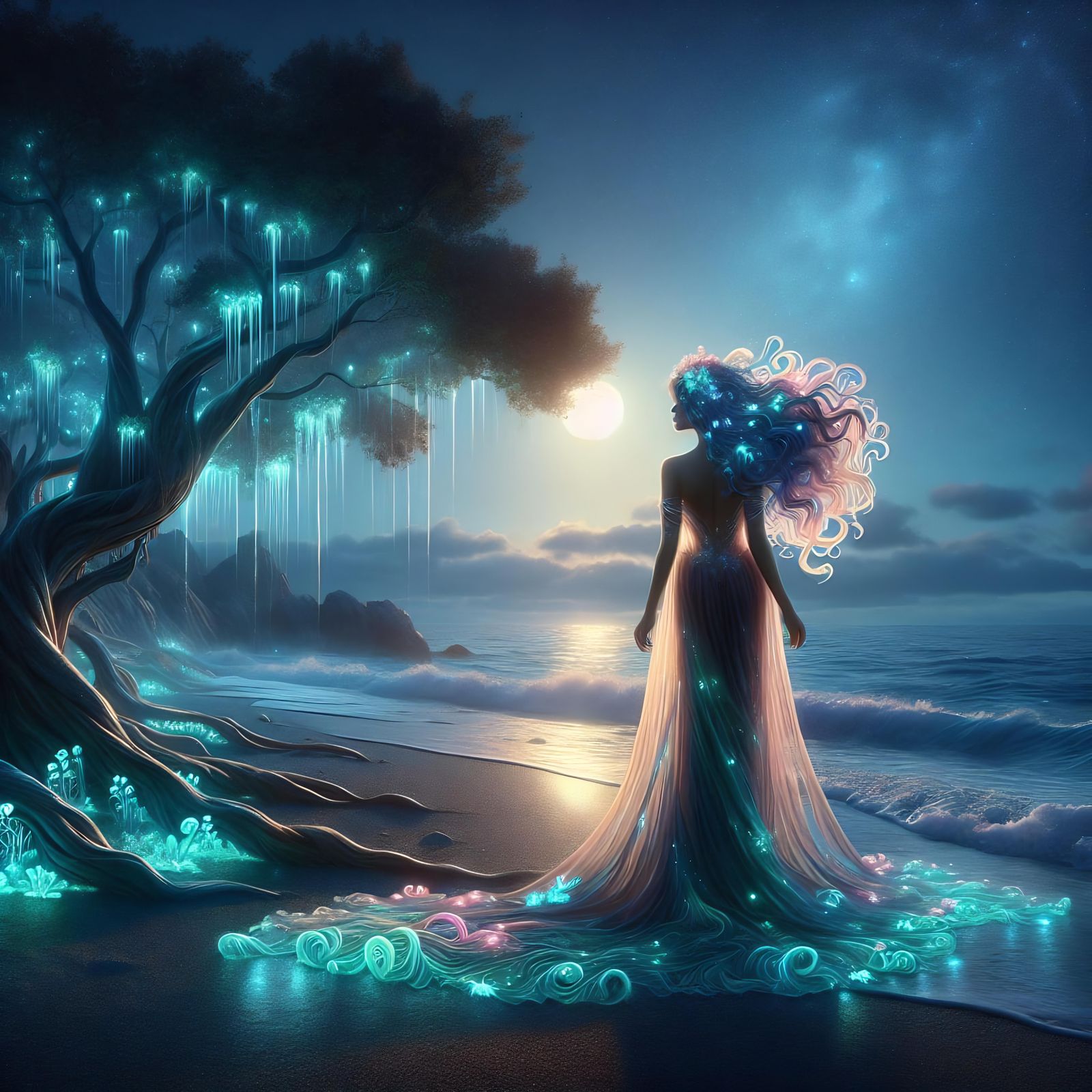 Pasithea and Nerites Reunion on Moonlit Beach