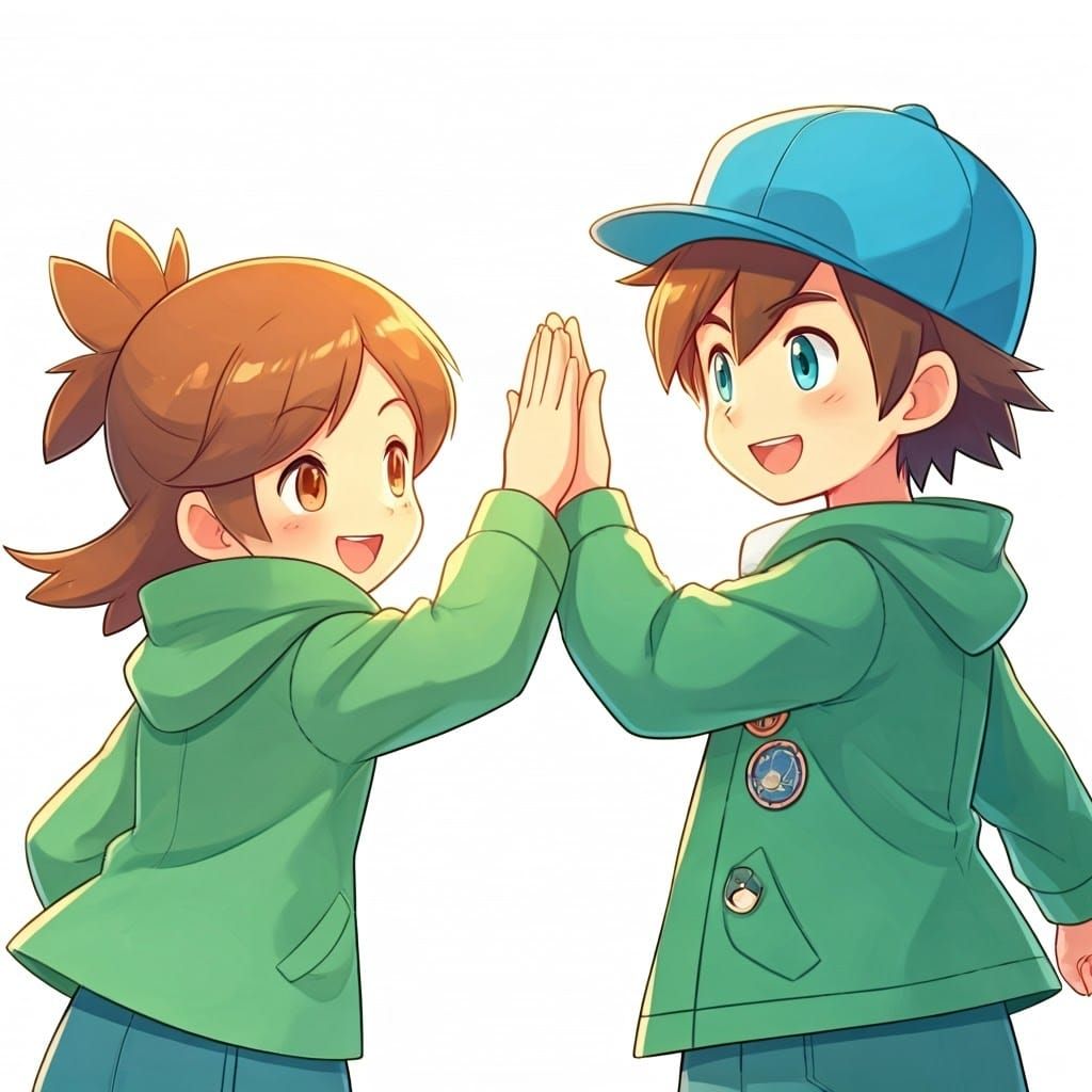 Joyful Chibi Siblings High-Five in Whimsical Style