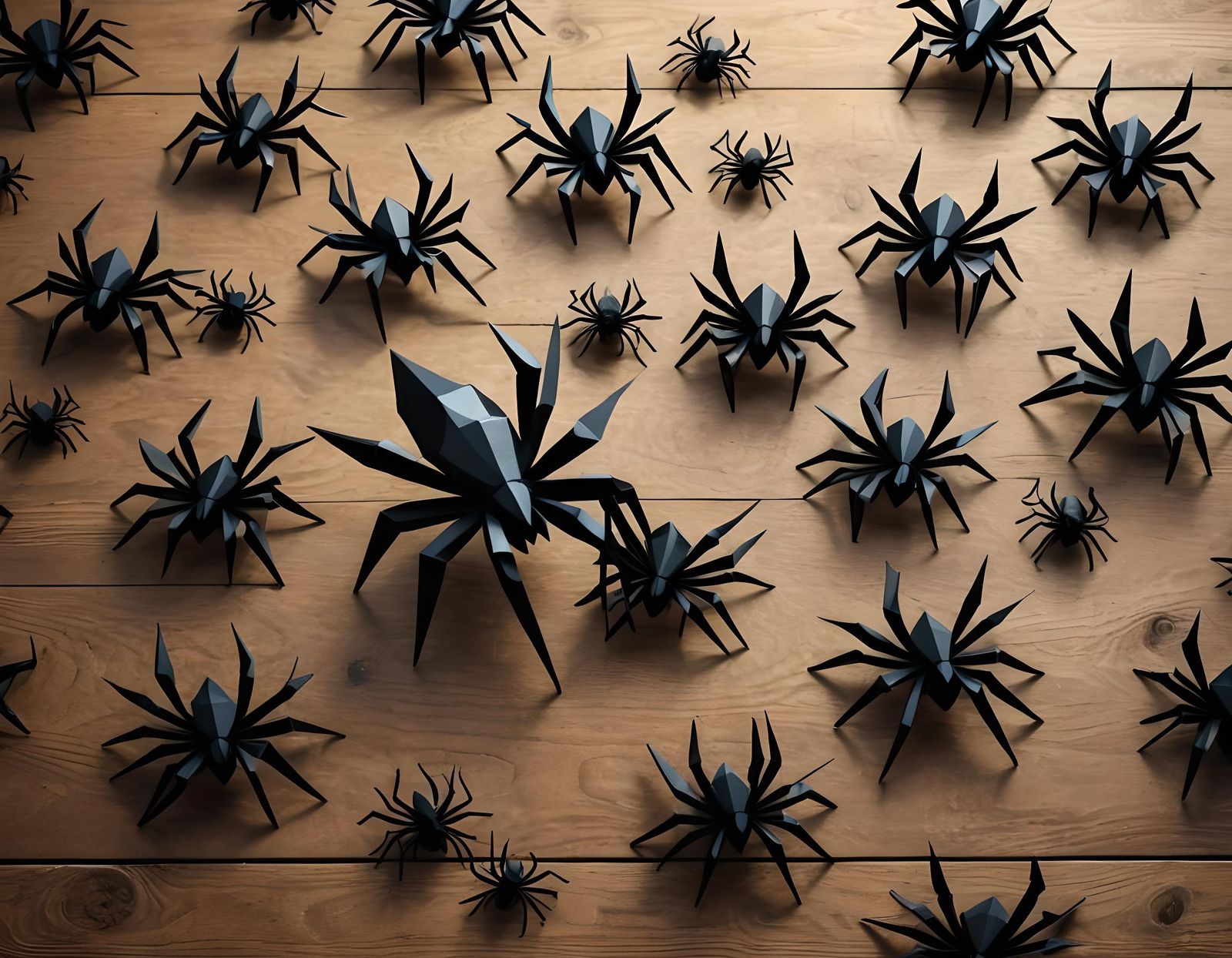 Halloween: Black Origami Spiders in 3D Rendering