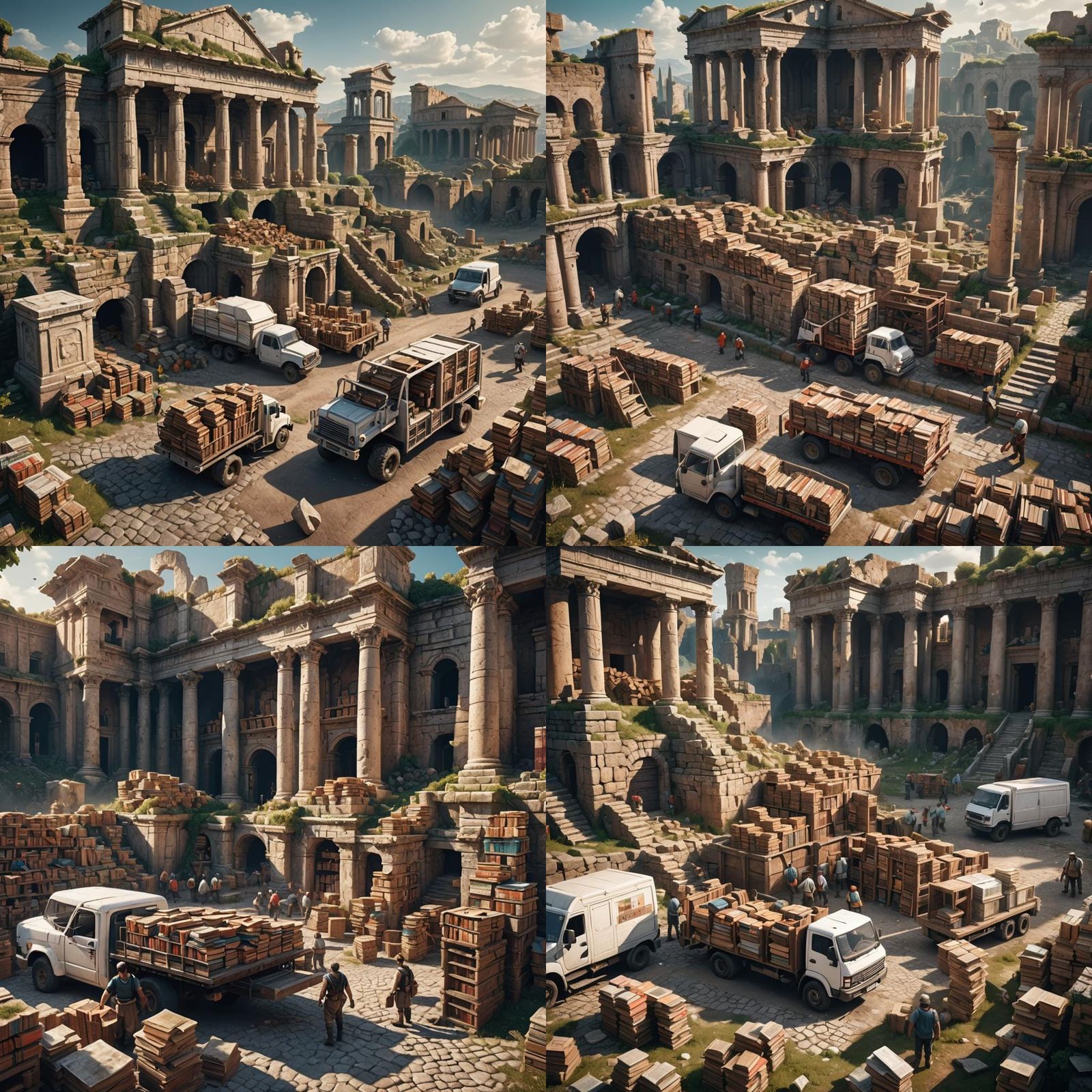 Workers Unloading Books with Roman Ruins, Digital Art