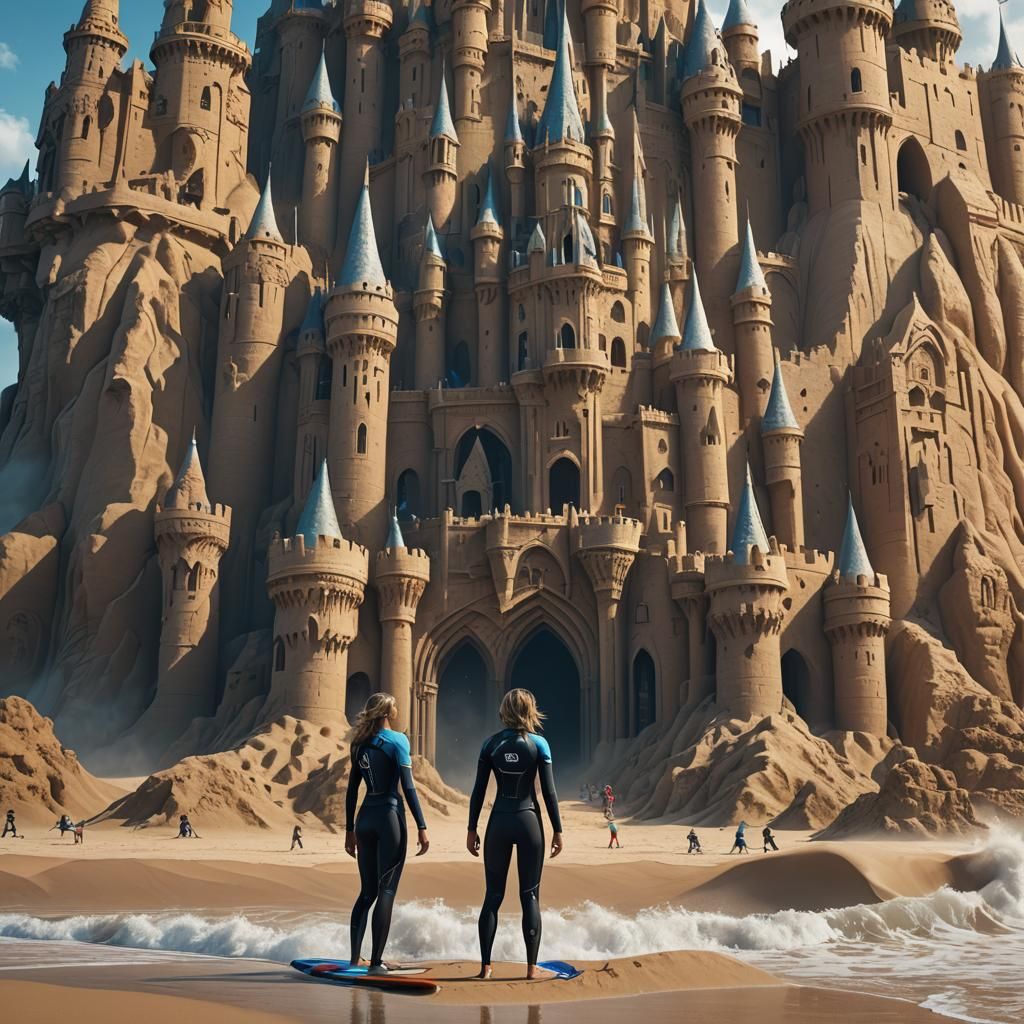 Female Surfer and Giant Sandcastle: Fantasy Concept Art