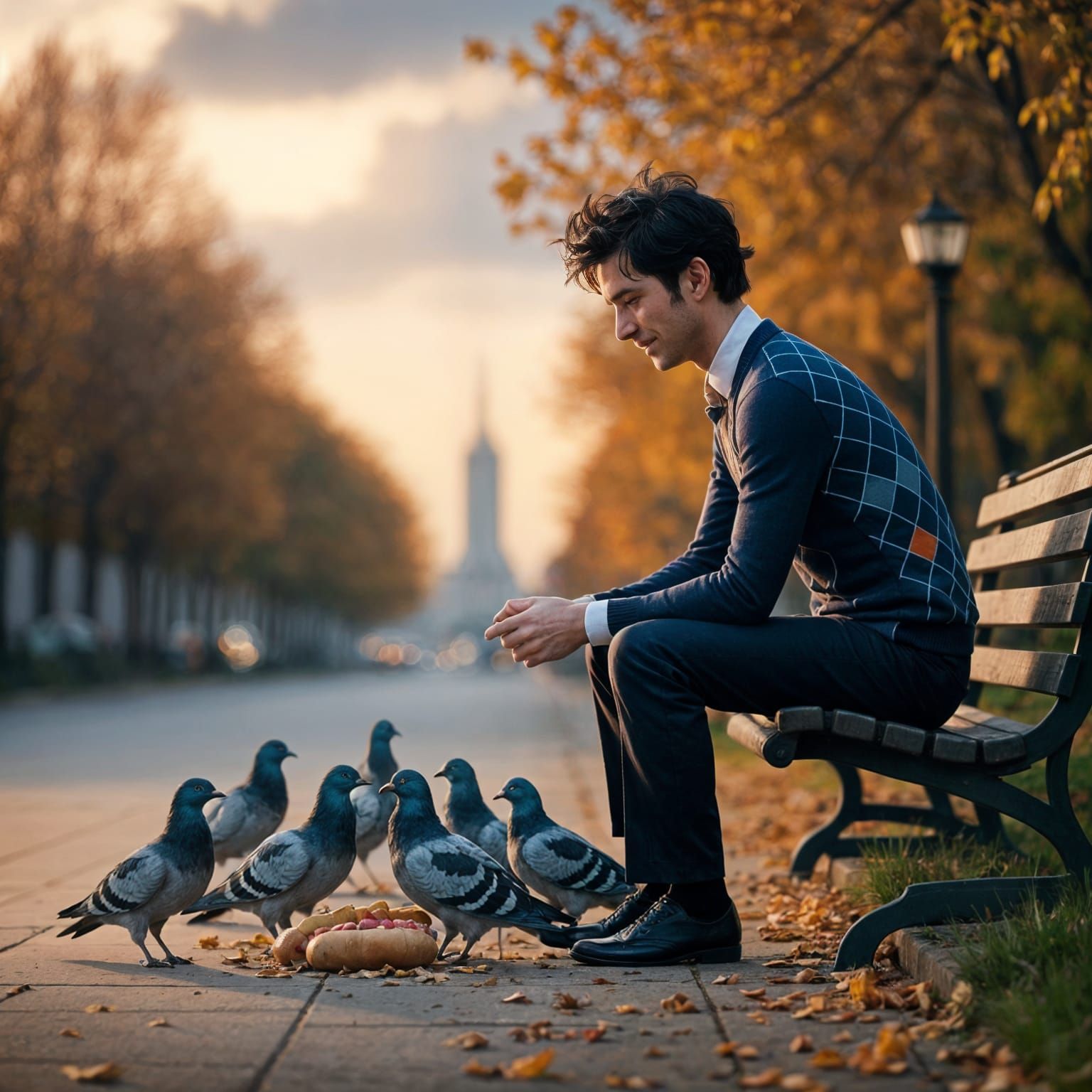 Man Observes Pigeons in an Edward Hopper-esque Photograph
