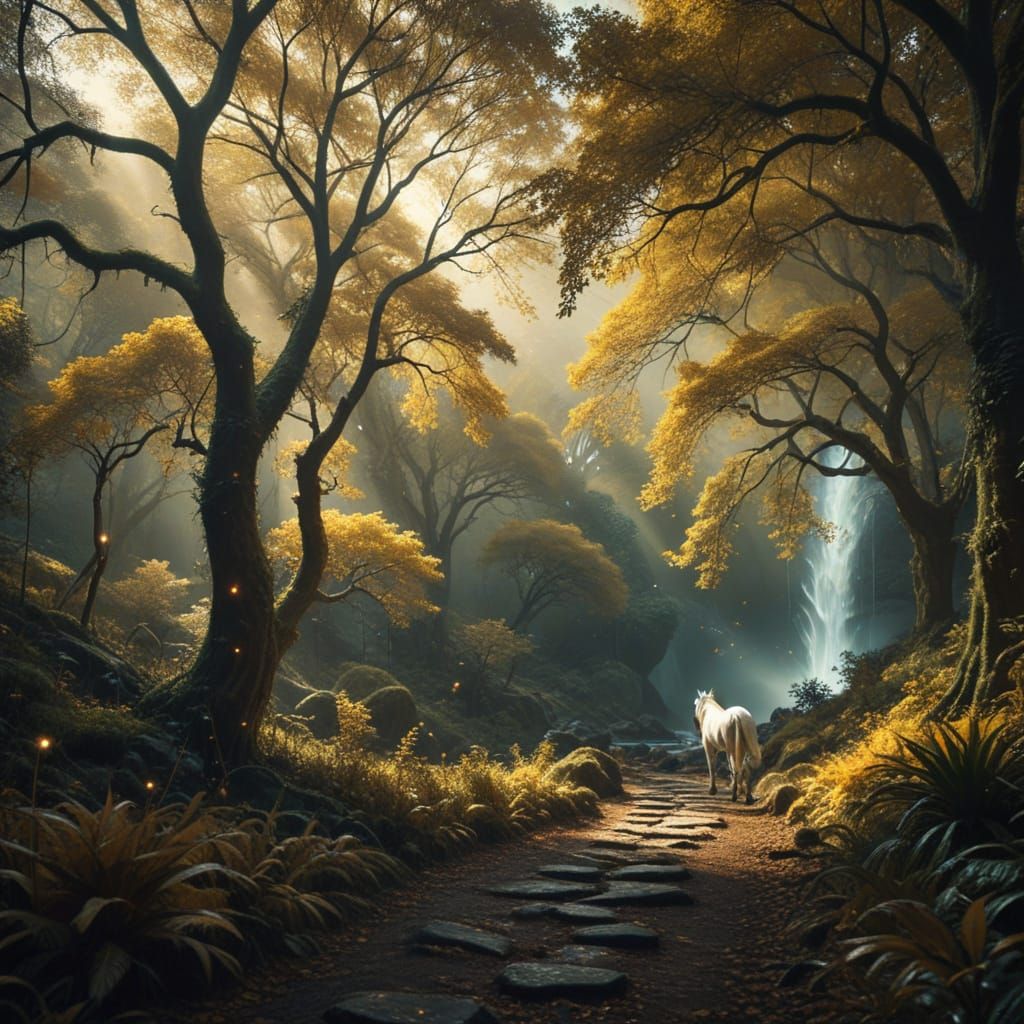 Mystical Forest Landscape with Unicorn: Cinematic Still