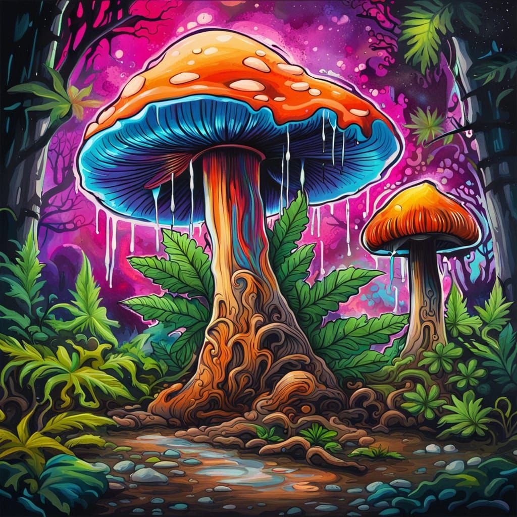 Psychedelic Mushroom and Marijuana Leaf Graffiti Art