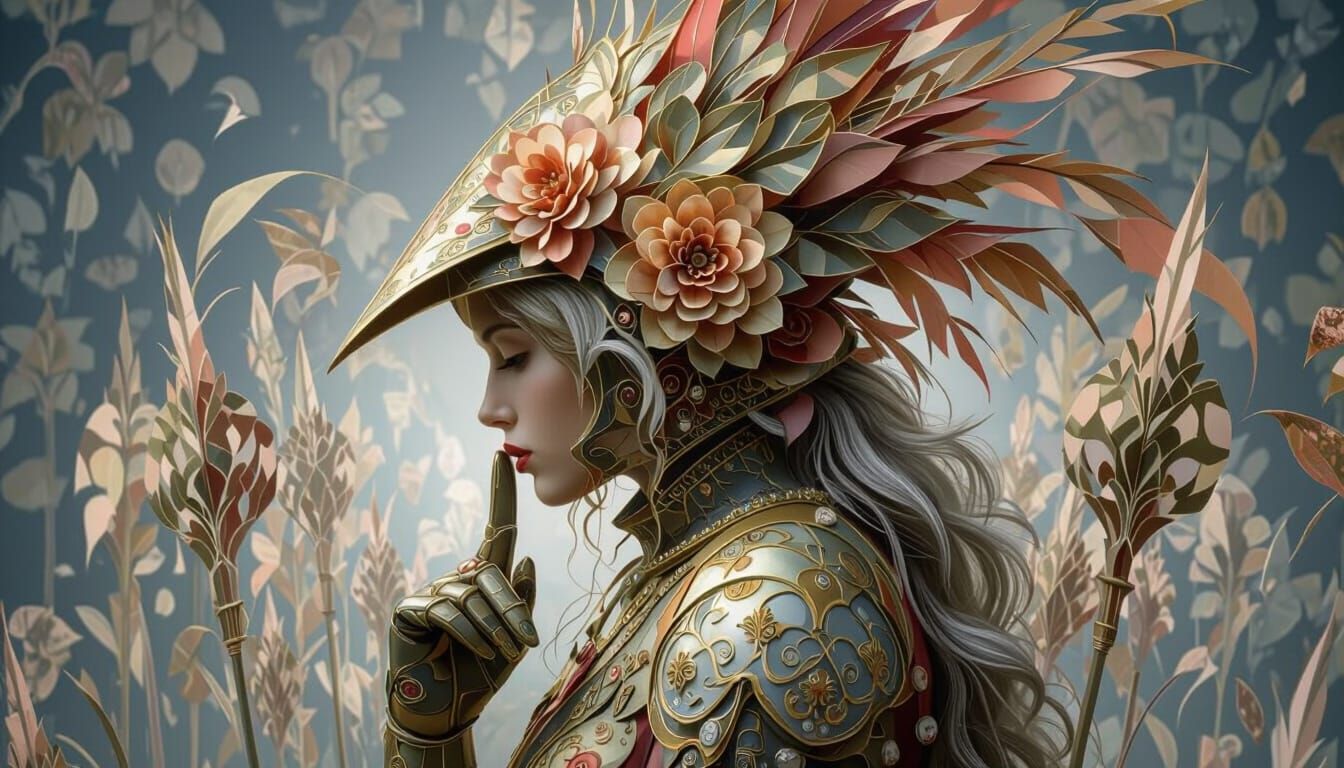 Woman in Intricate Petal Helmet with Medieval Motifs