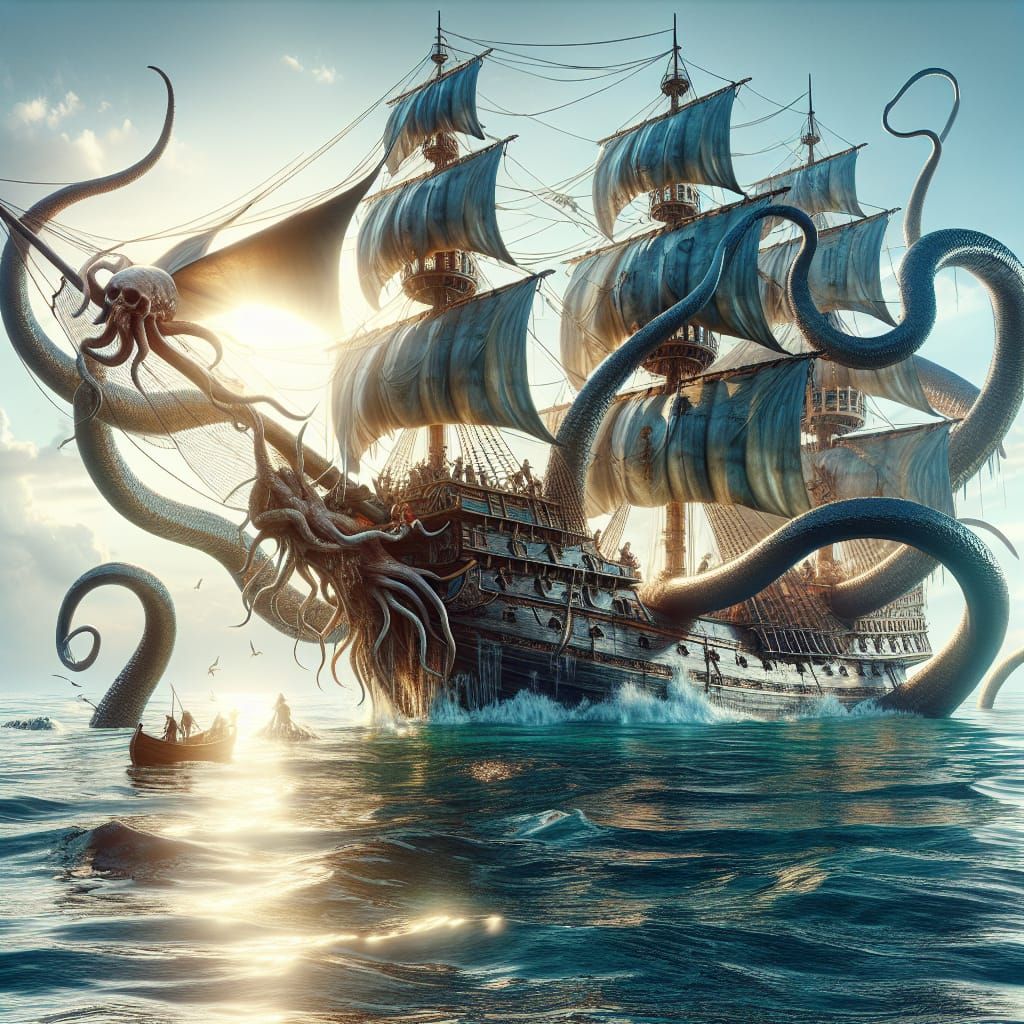 Pirate Ship Under Kraken Attack on Calm Sea