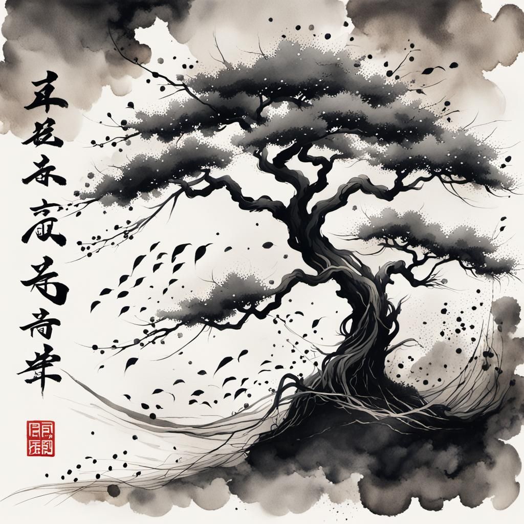 Serene Kanji Tree in Japanese Ink Wash Style