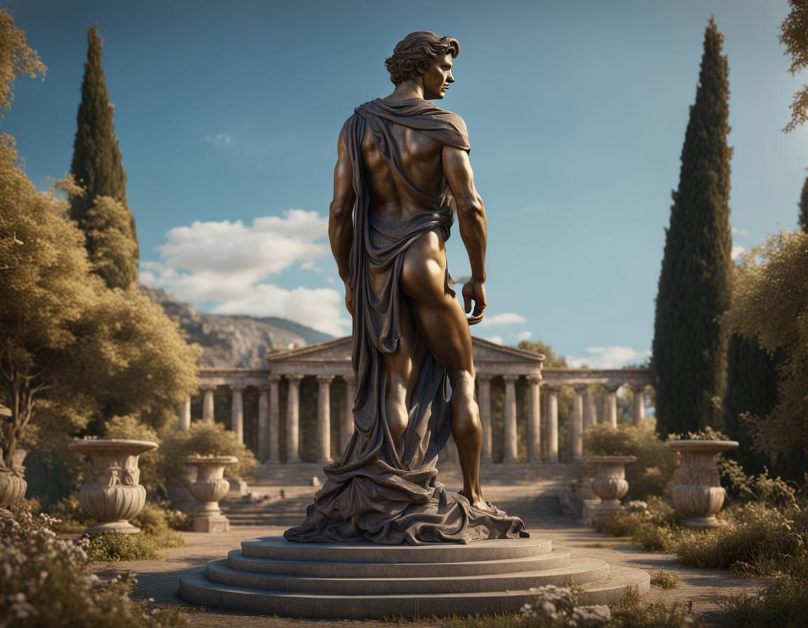 Bronze Statue in Ancient Greek Garden