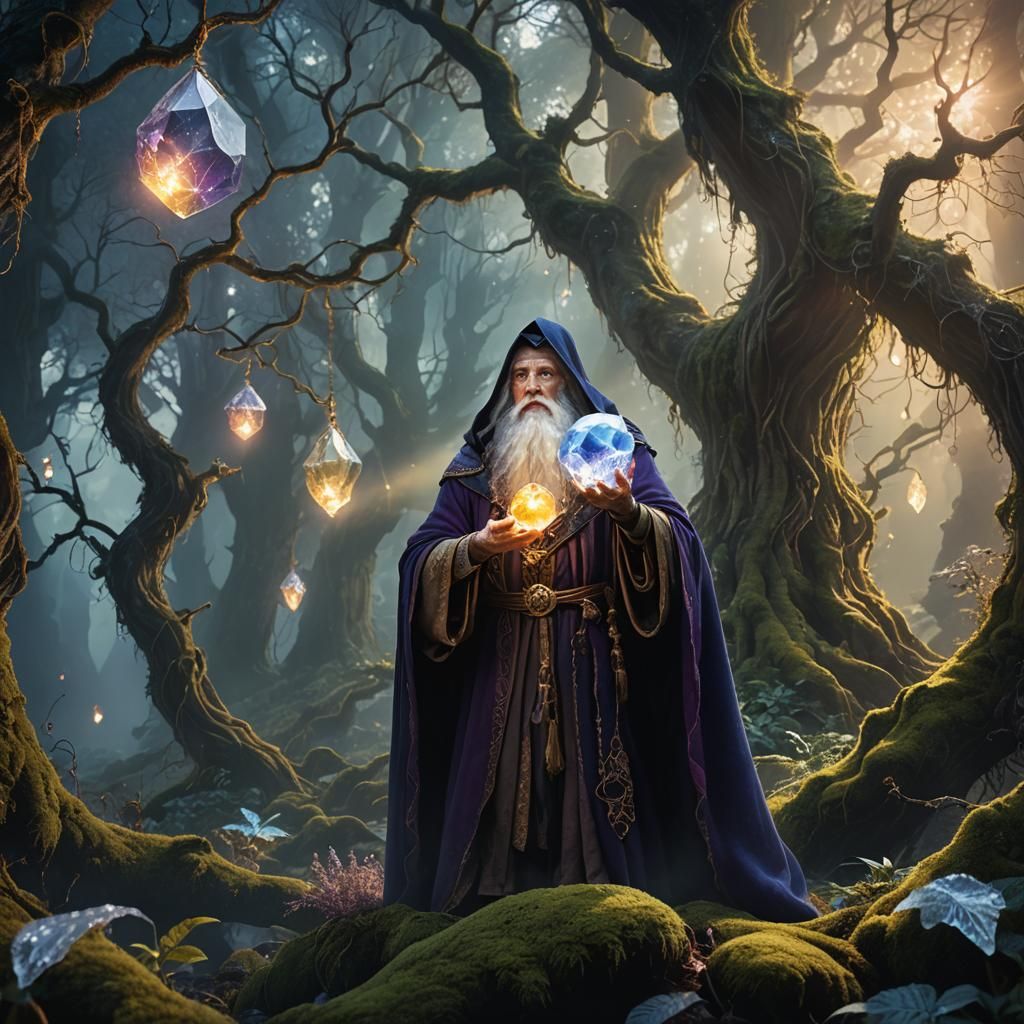Mystical Forest Wizard with Glowing Crystal