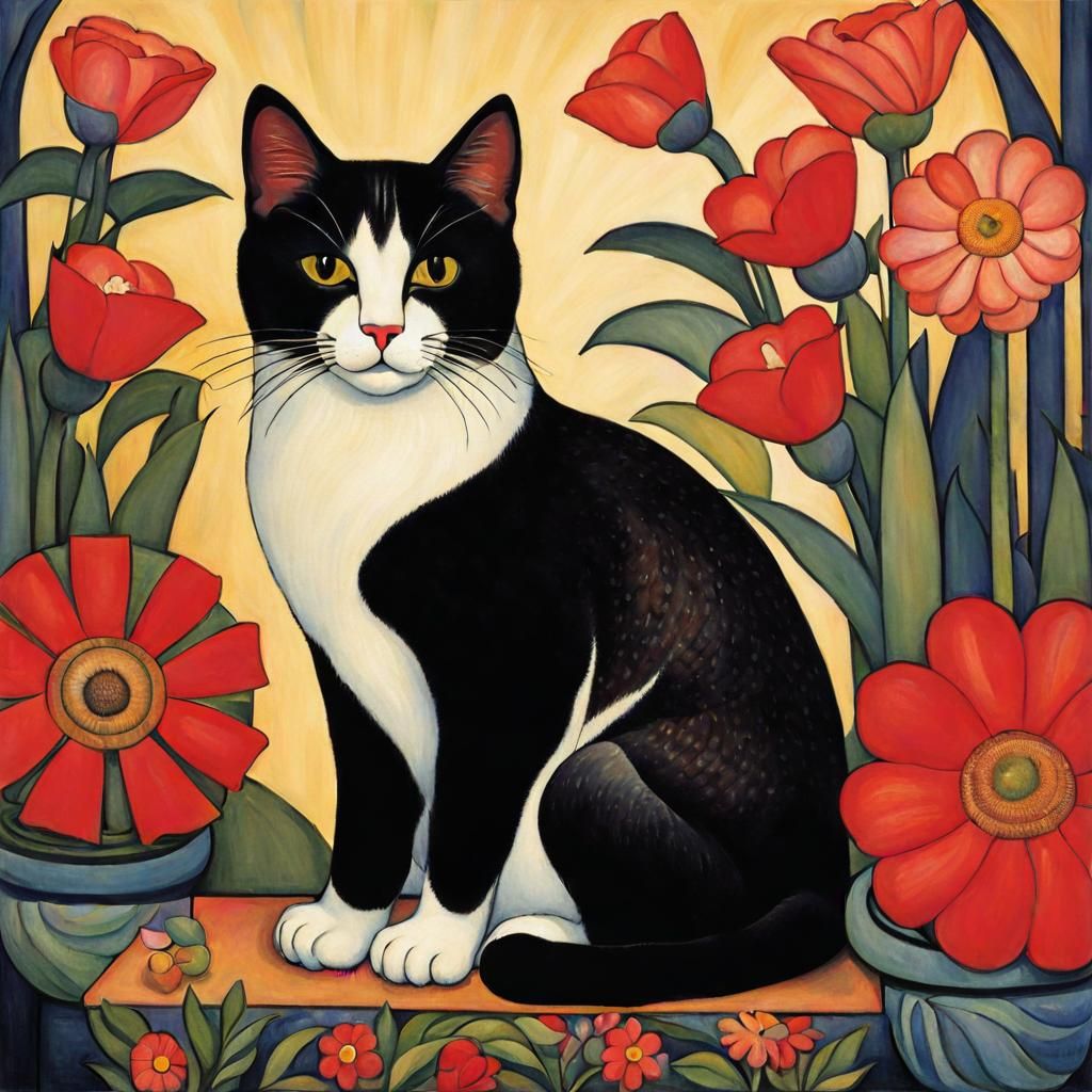 Cat Surrounded by Flowers, Muralist Style