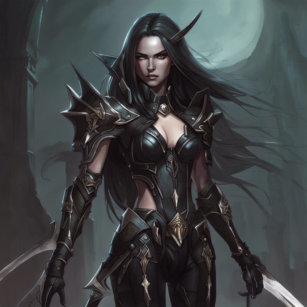 a beautiful dark eldar female, clad in tight leather armor h...