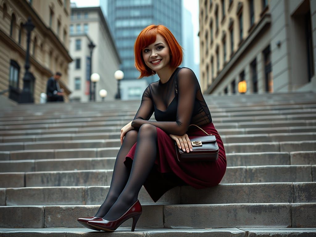 Elegant Redhead Seated on City Steps