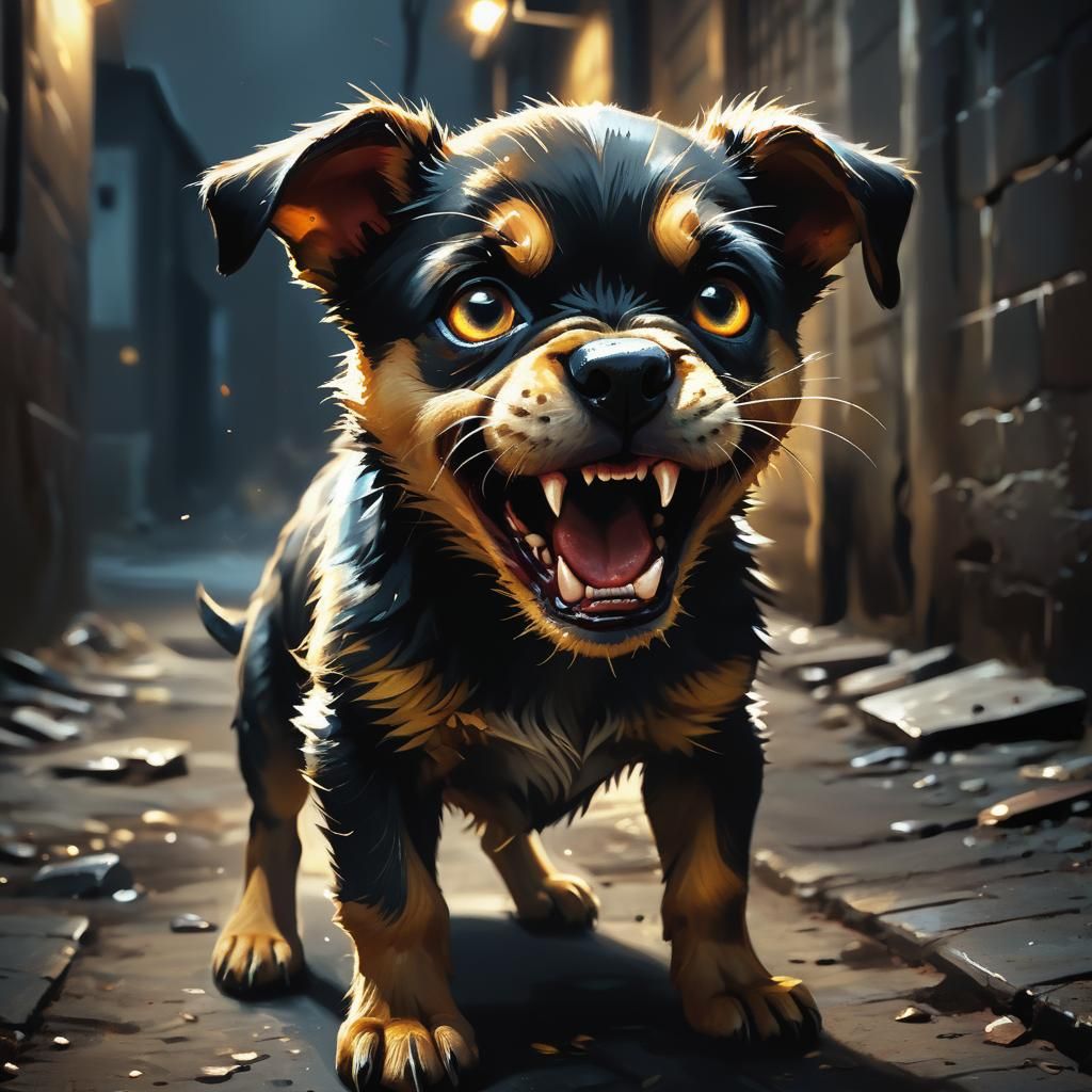 Angry Puppy Growling in Dark Alley: Oil Painting