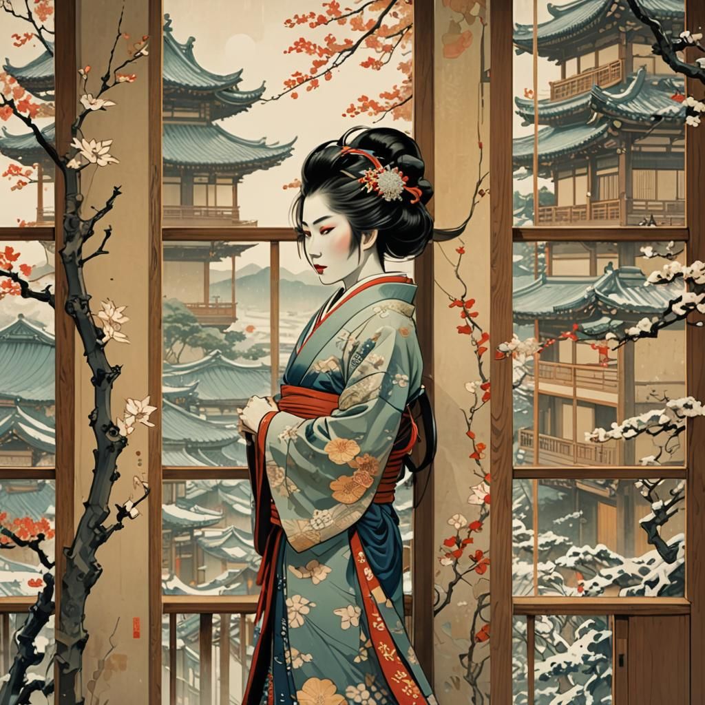 Onna-Bugeisha in a Pre-Winter Landscape, Graphic Art