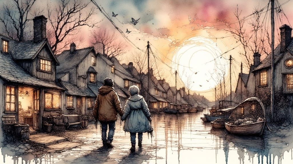 Starry Journey in Ink Crosshatching Style