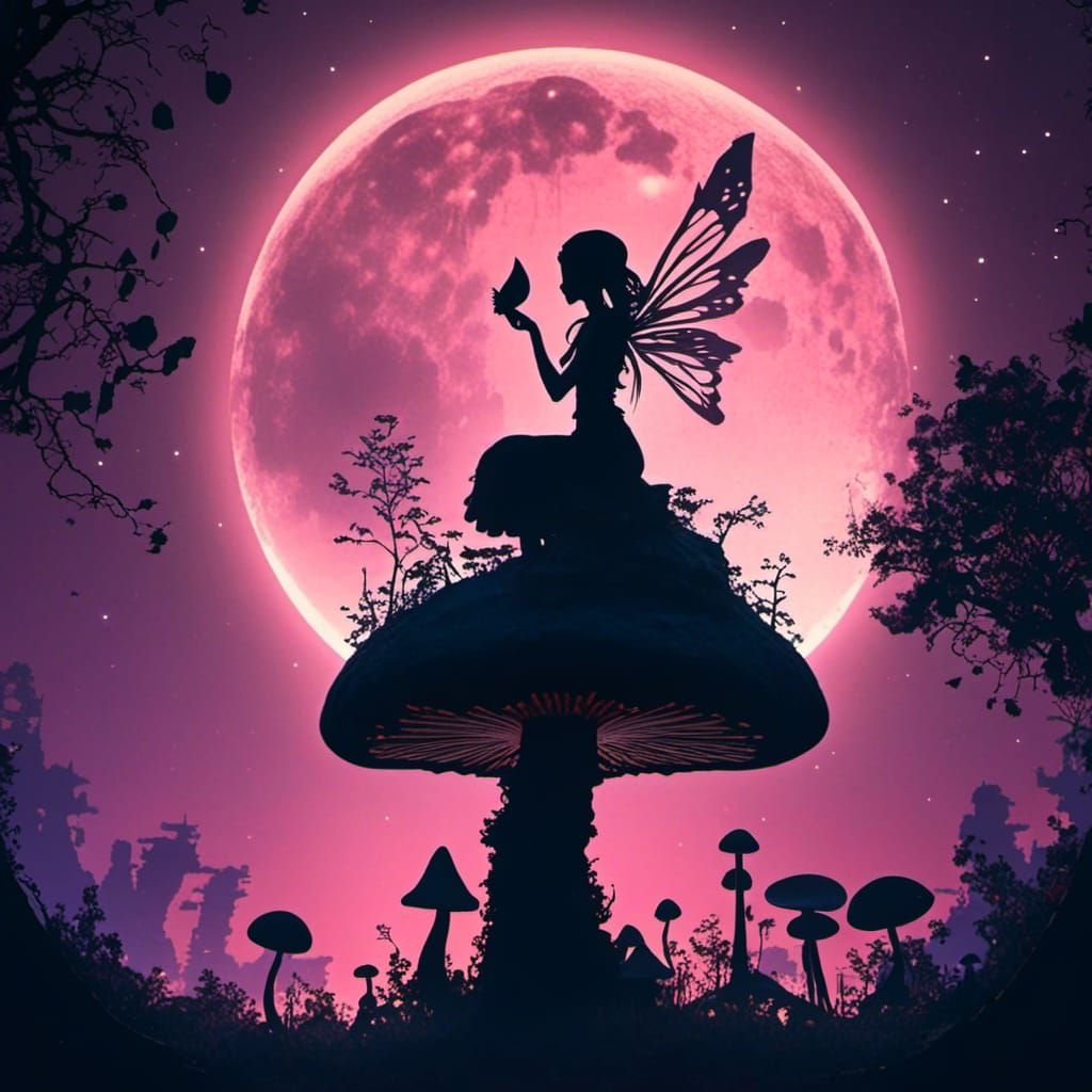 Fairy Silhouette on Mushroom Under Crescent Moon