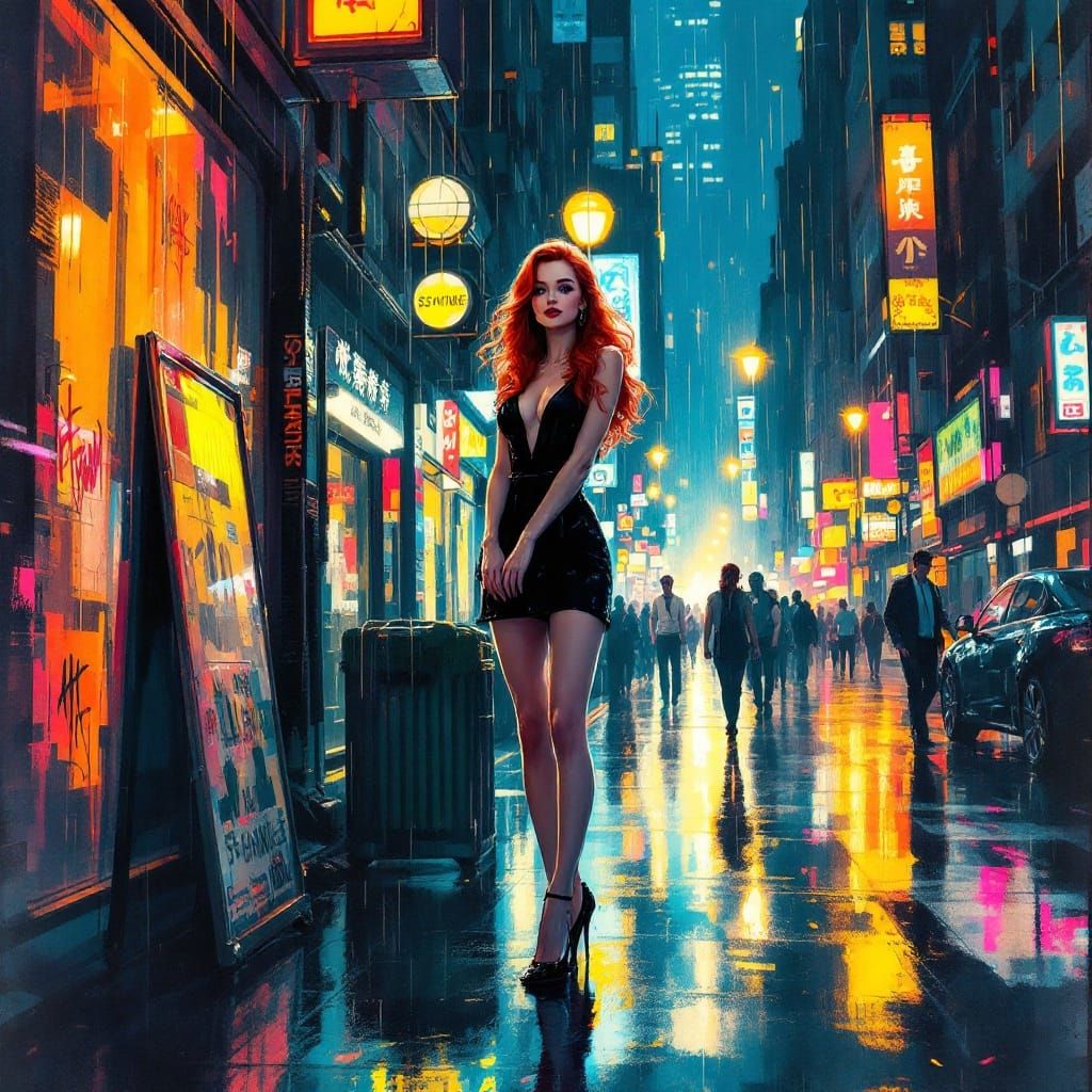 Neon Cityscape Pin-Up in Watercolor Bleed Style