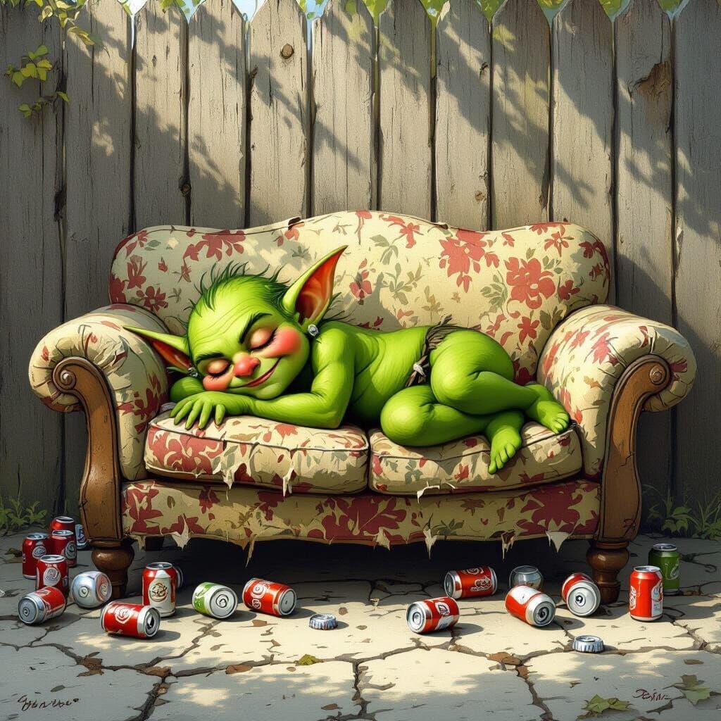 Whimsical Goblin Rests on Vintage Sofa in Shaded Concrete Ya...