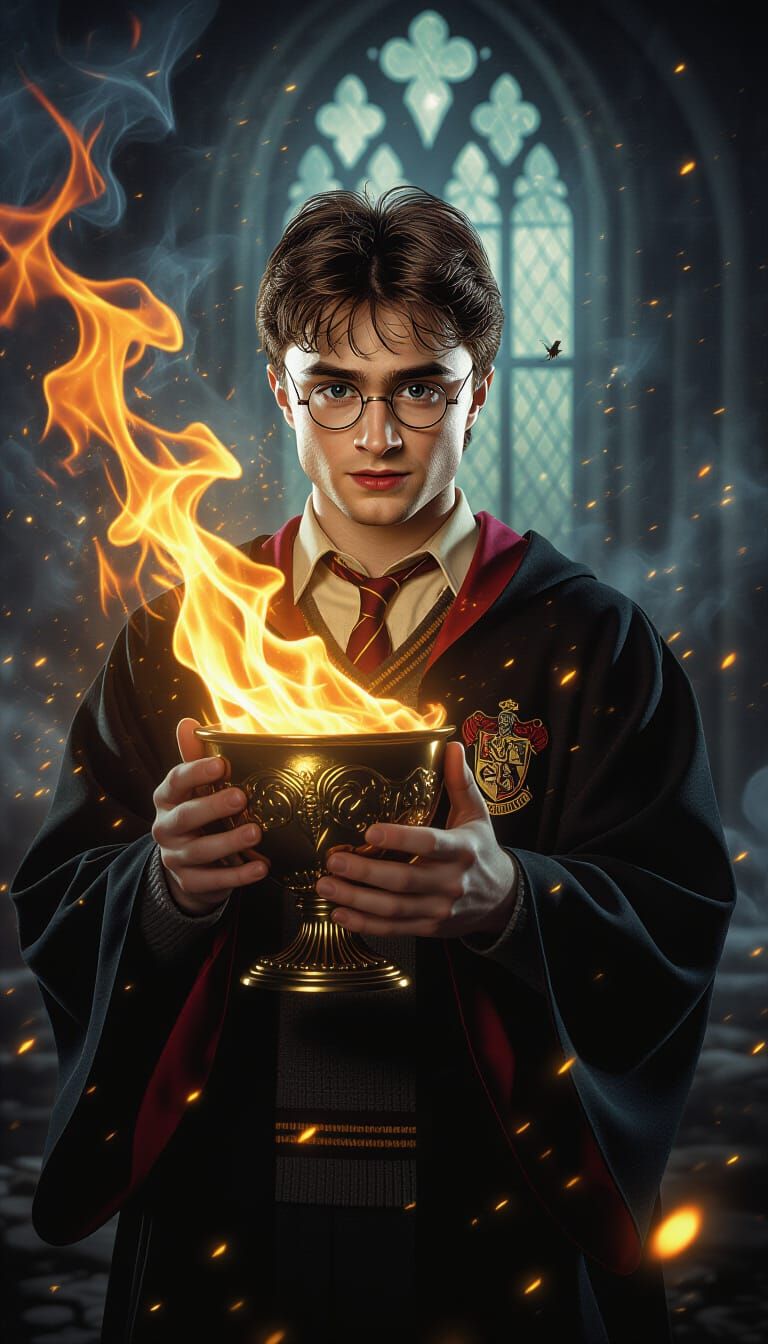 Ethereal Champion Holding Glowing Goblet in Dramatic Lightin...