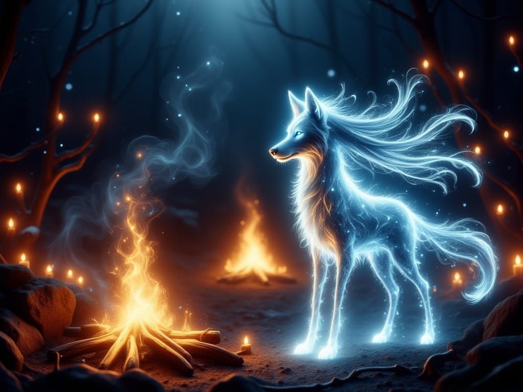Ethereal Spirit Wolf and Indigenous Dancer by Campfire