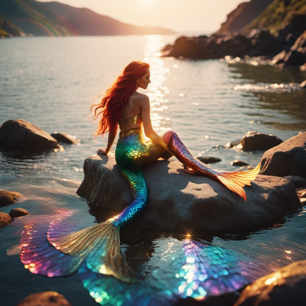 Rainbow Mermaid Sunbathing in Hyper-Realistic Style