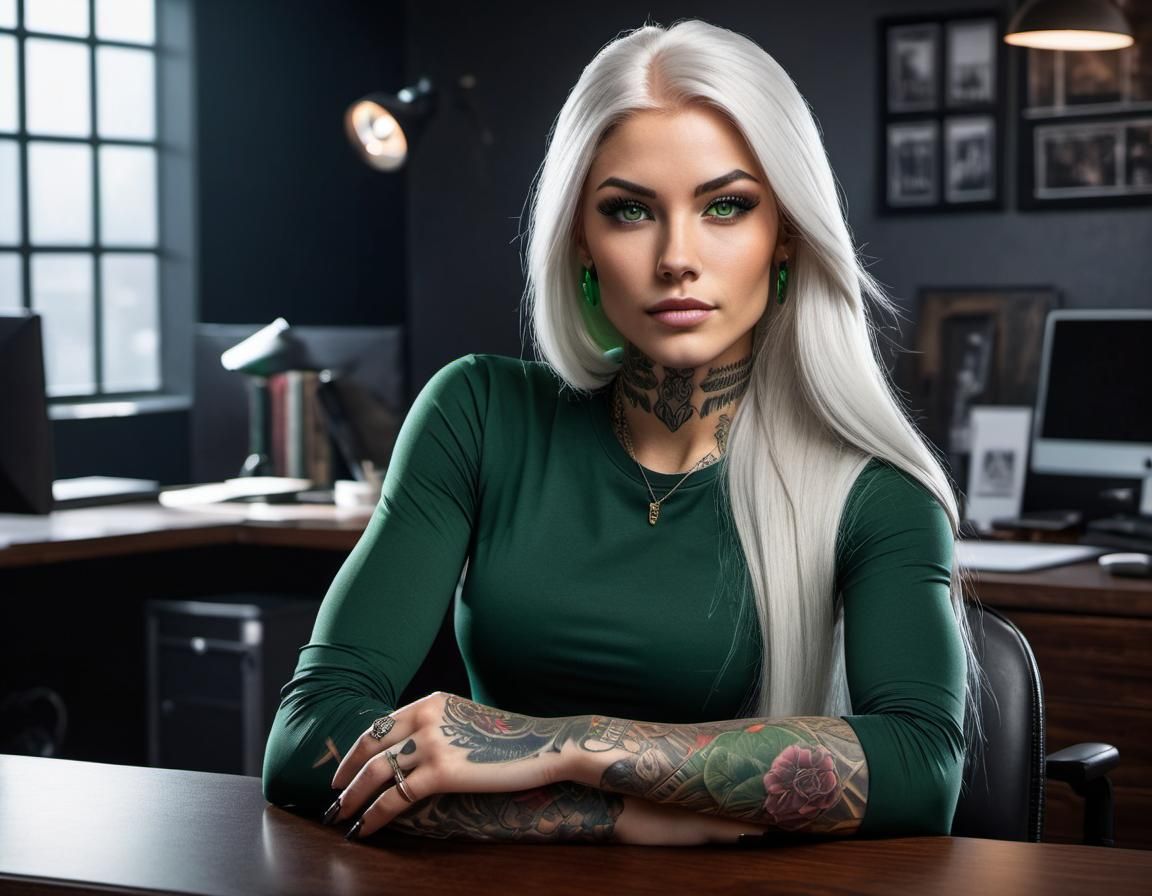 Hyperdetailed Photo of Tattooed Woman at Desk