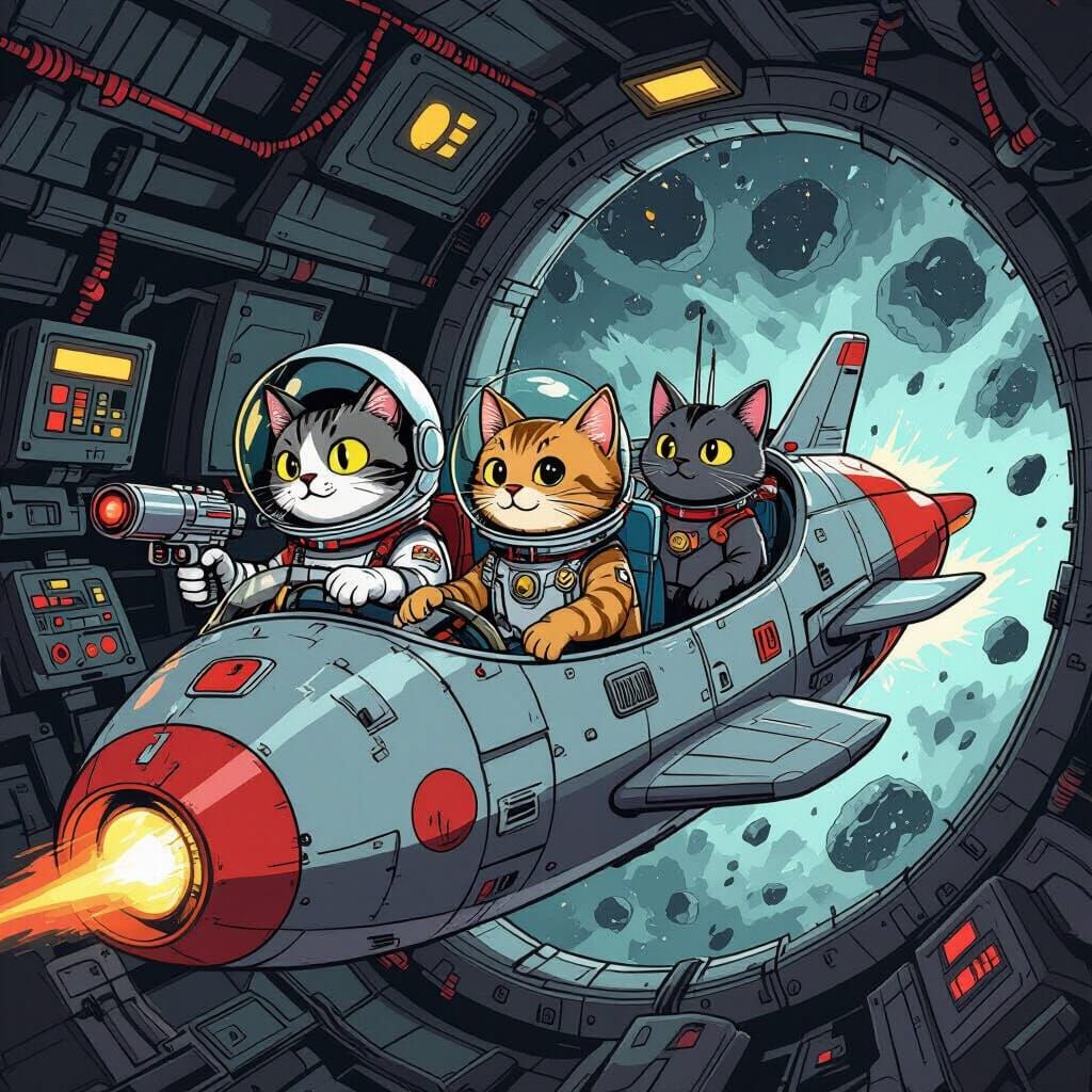 Cats Piloting Retro Rocket Through Asteroid Field