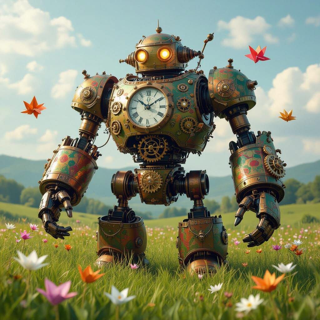 Clockwork Golem in Verdant Meadow, Maximalist Style