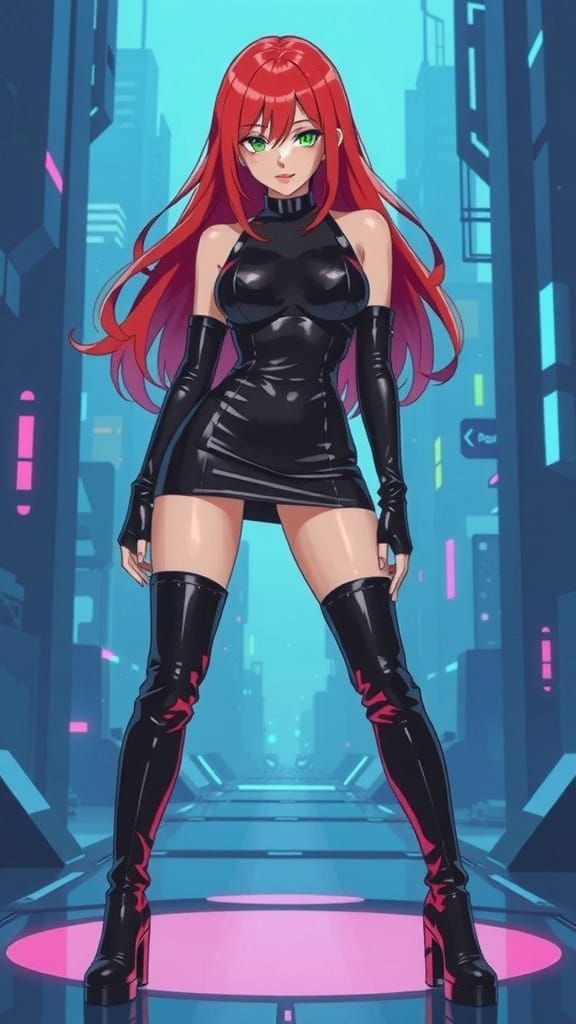 Futuristic Anime Woman in Latex Dress