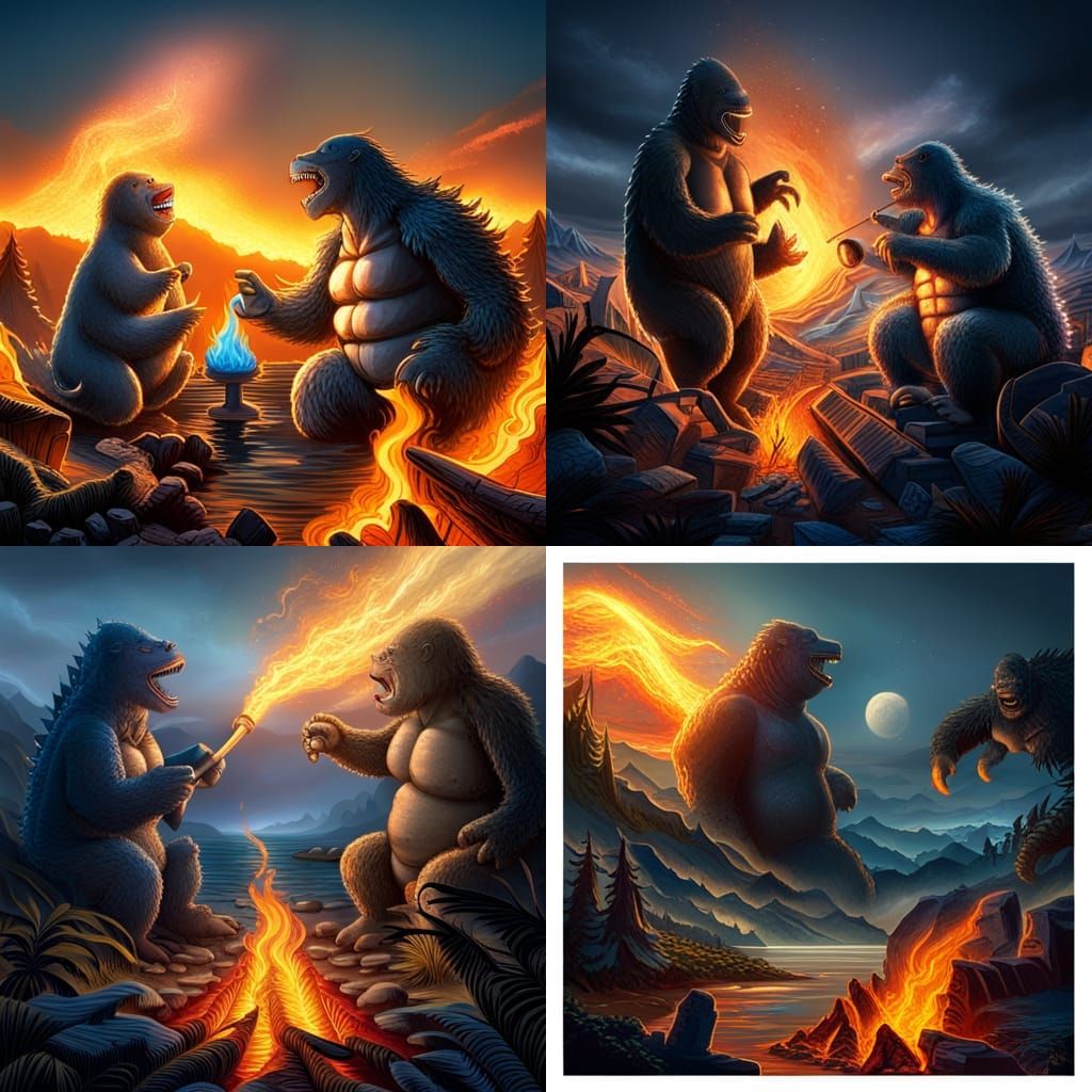 Godzilla and King Kong Campfire Scene in Hyperrealism
