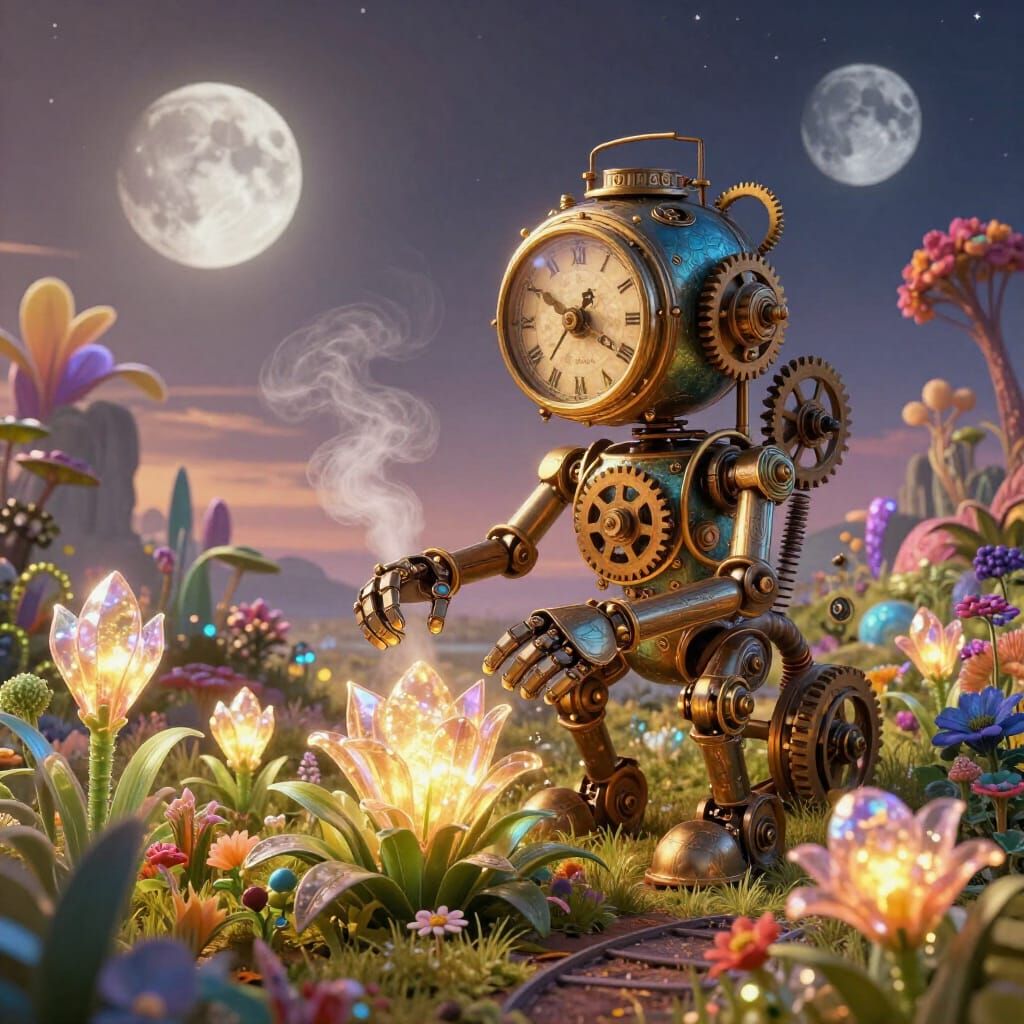 Steampunk Automaton Tends Alien Crystal Garden