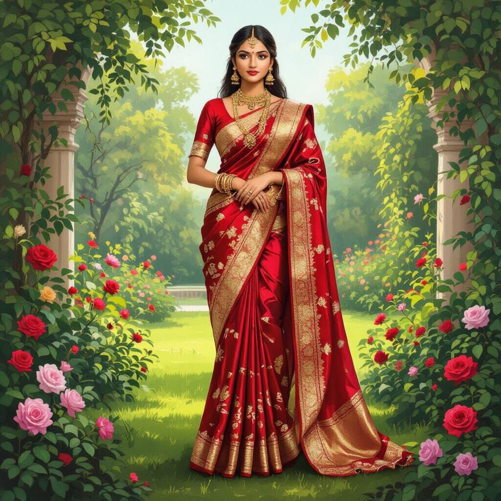 Woman in Red Saree in Lush Garden