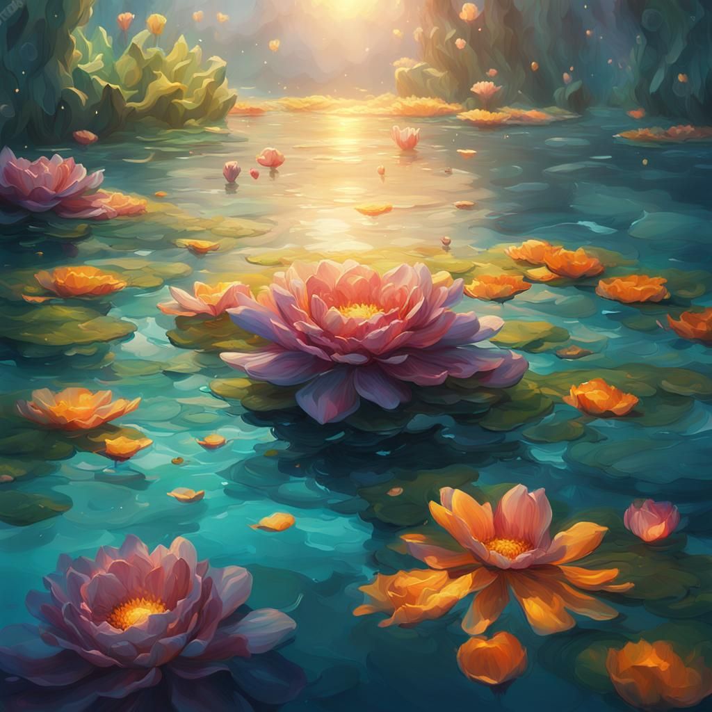Flowers Float on Water: Fantasy Oil Painting