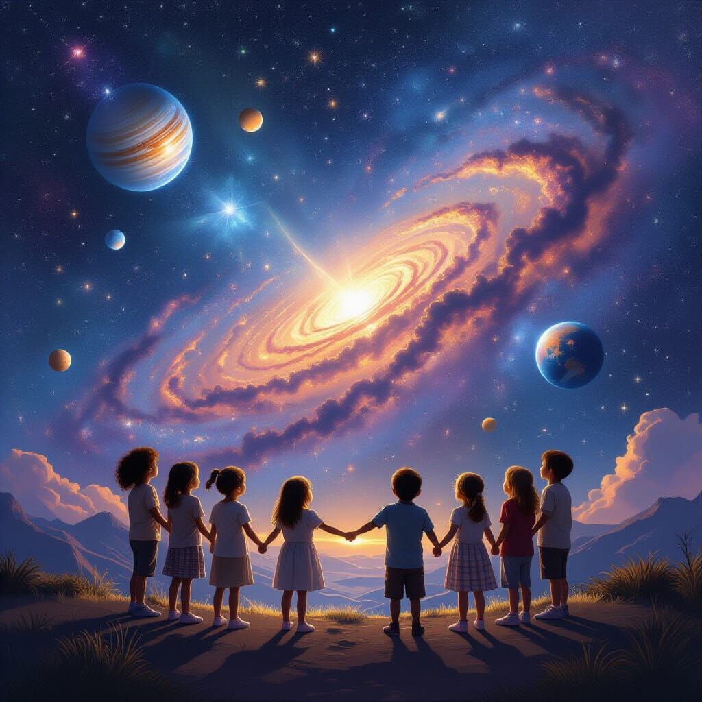 Children Gaze at Cosmic Nebulae in Astral Illustration
