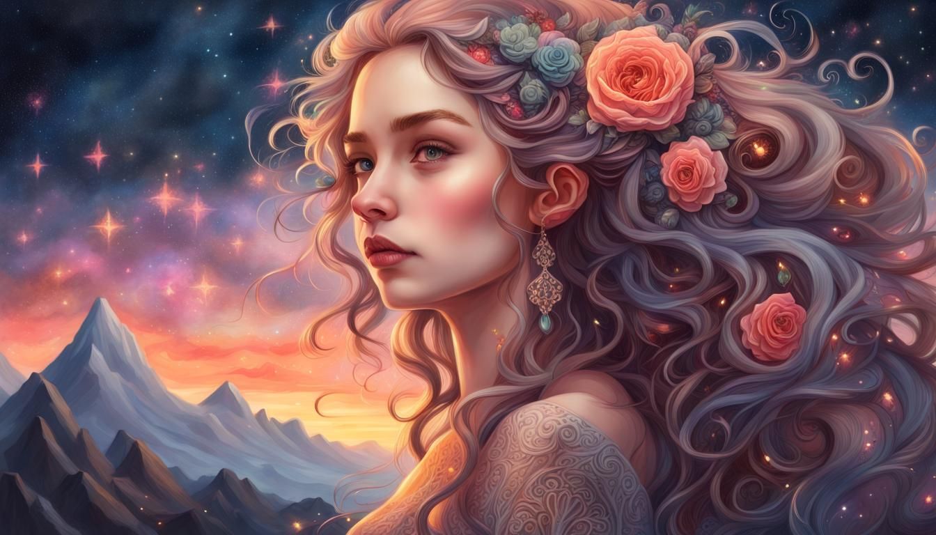 Fantasy Rose Girl Portrait with Fairy Lights