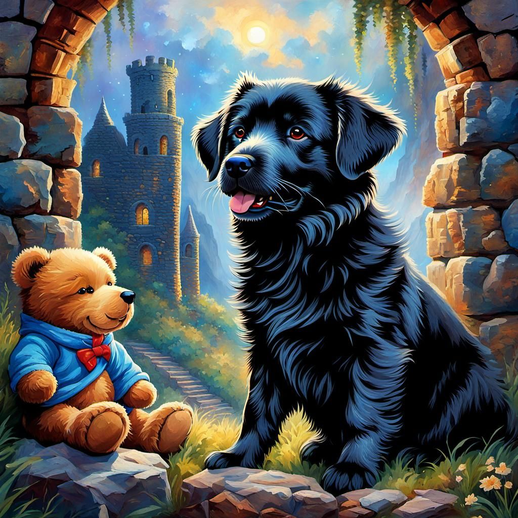 Cute Black Dog with Magical Teddy Bear