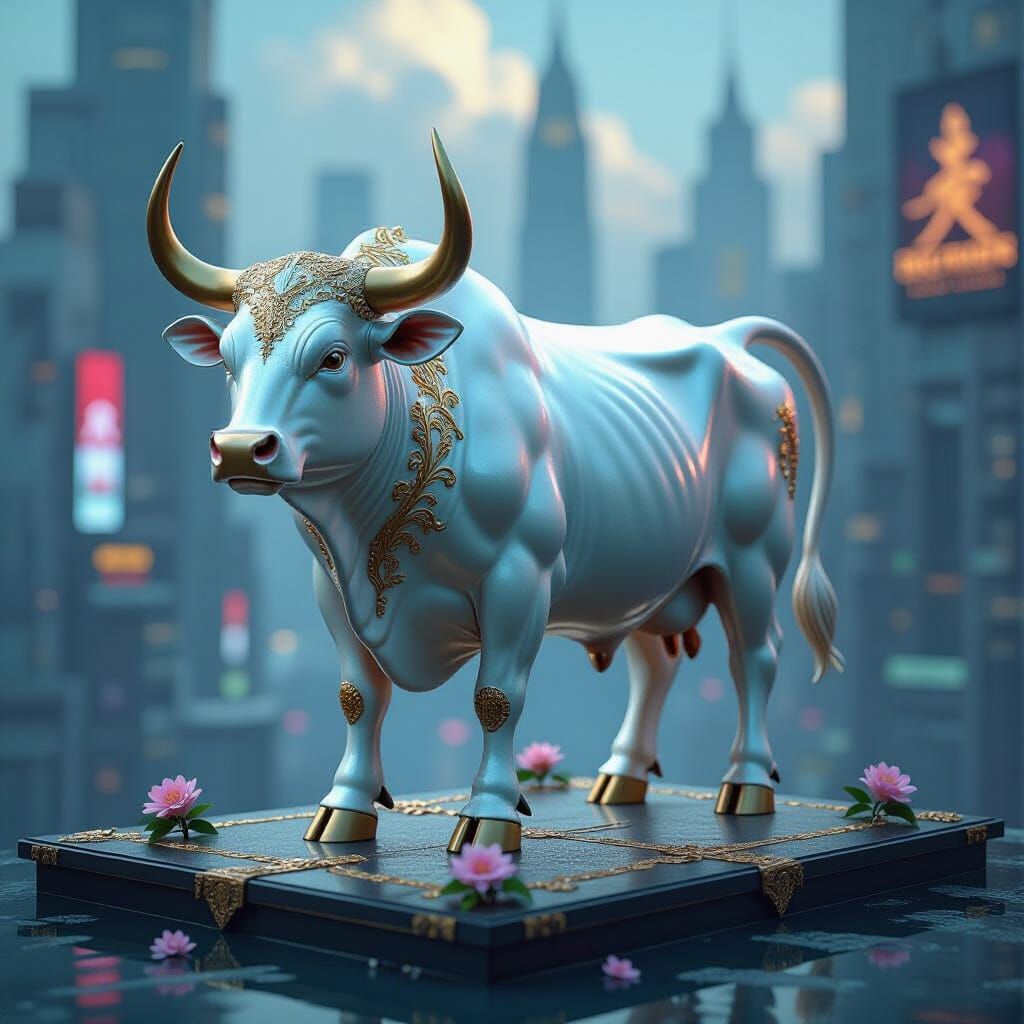 Mother-of-Pearl Bull Statue Overlooking Futuristic Cityscape