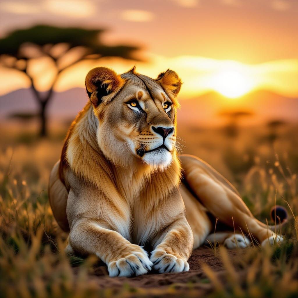 Majestic Lioness in Golden Savanna Sunrise