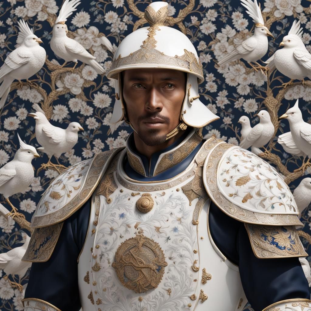 Porcelain Soldier in White Armor with Bird Pattern