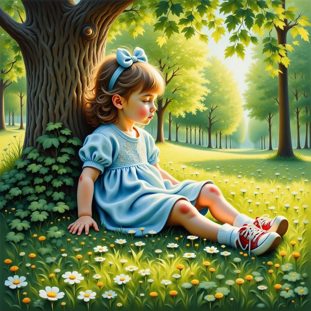 Toddler Resting in Summer Woods as Oil Painting