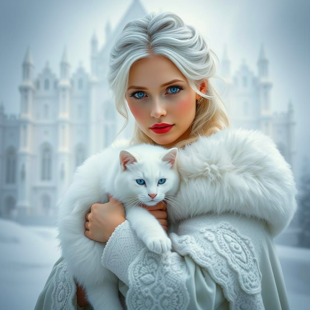 Ethereal Snow Queen in White Castle with Feline Companion