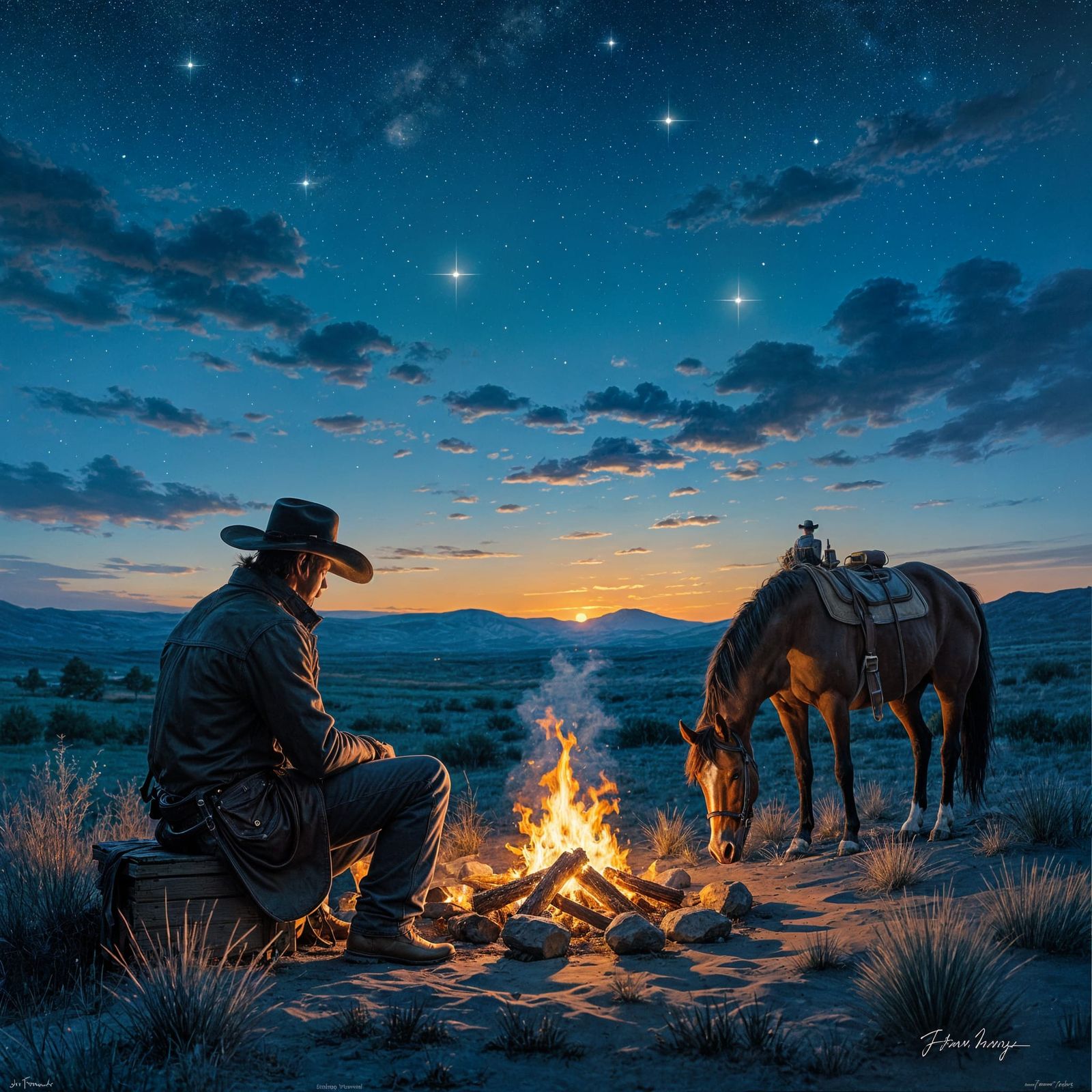 Cowboy Campfire Under Starry Sky: Oil on Canvas