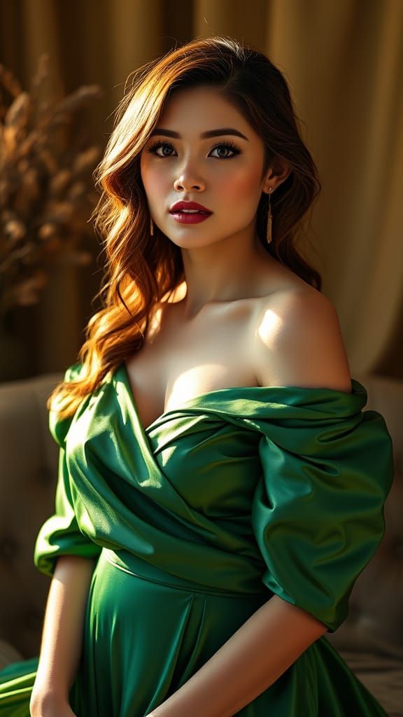 Elegant Woman in Emerald Gown in Golden Hour Light