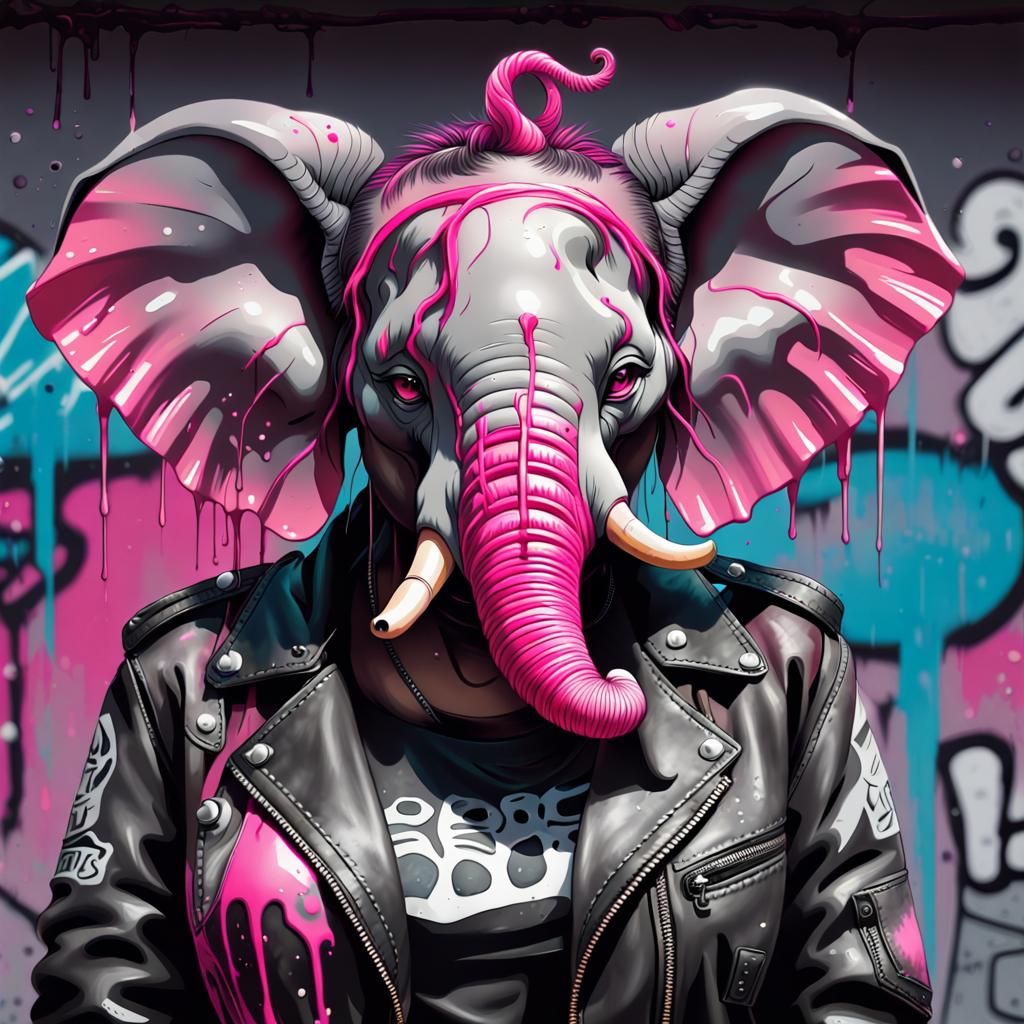 Cyberpunk Elephant with Pink Twists in Graffiti Style