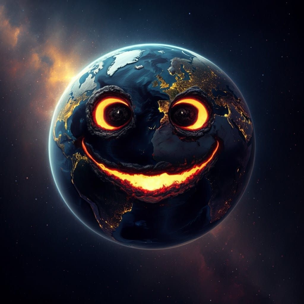 Smiling Earth with Molten Heart in Oil Painting Style